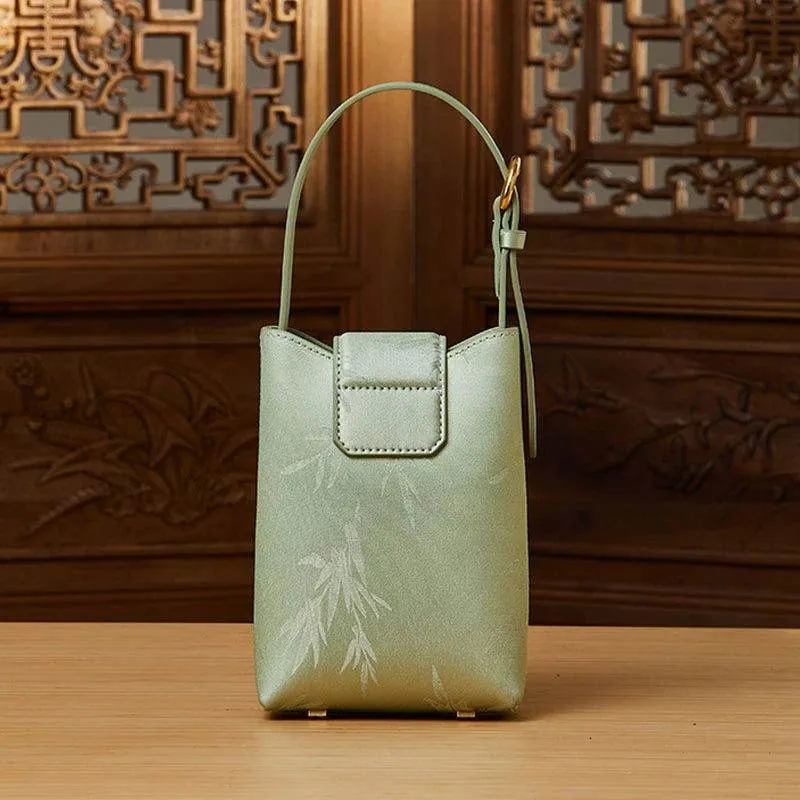 Embossed Leather Green Bamboo Leaf Phone Bag