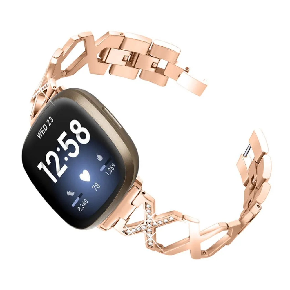 Fitbit Sense / Versa 3 rhinestone X-style stainless steel watch strap - Rose Gold