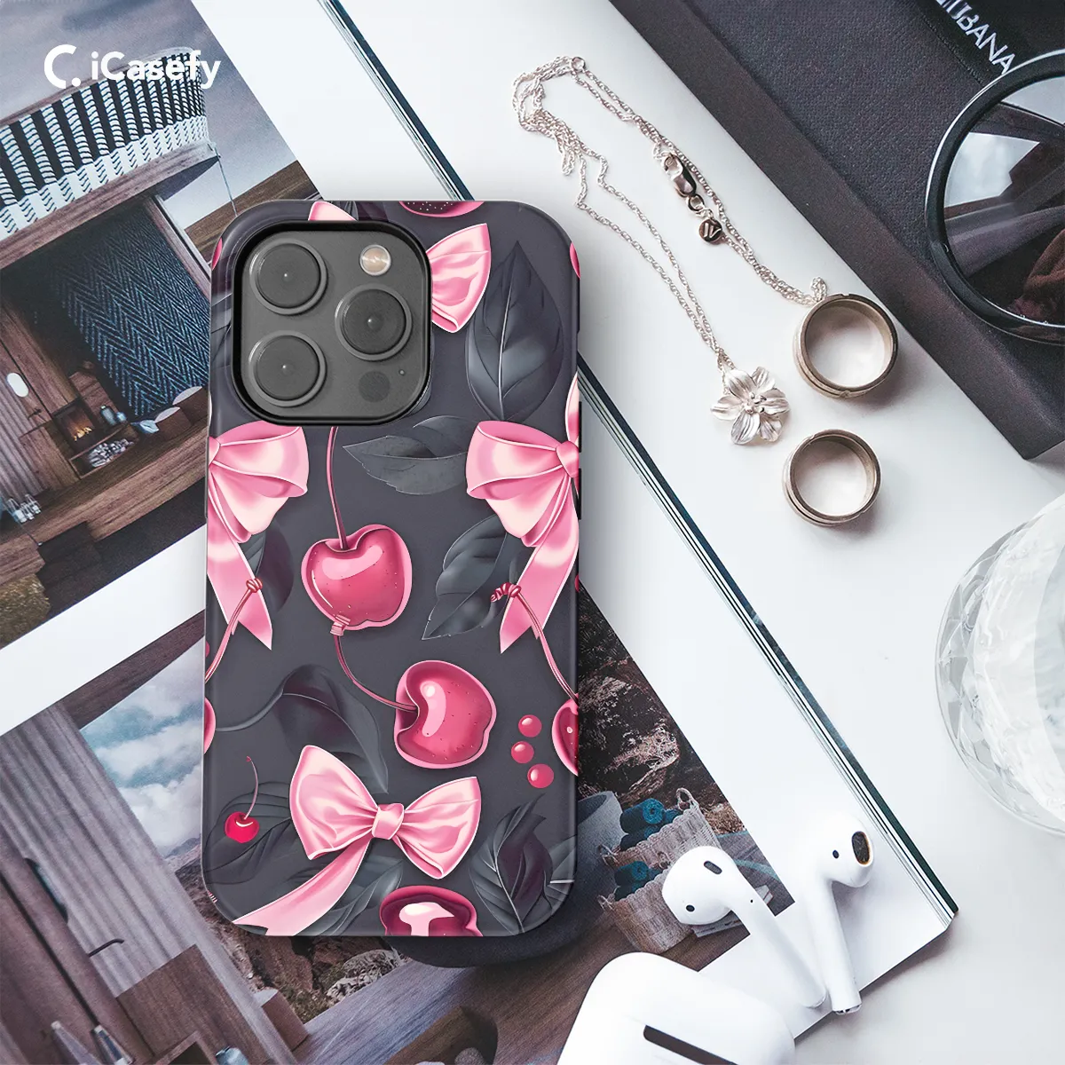 Girly Black Coquette Cherry Pink Bow Ribbons Phone Case iPhone Samsung Cover Pixel 1164