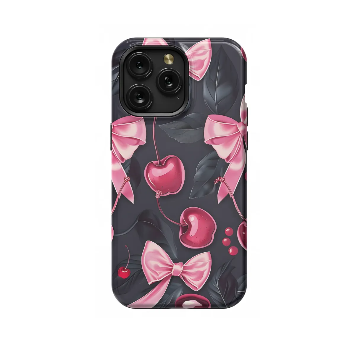 Girly Black Coquette Cherry Pink Bow Ribbons Phone Case iPhone Samsung Cover Pixel 1164