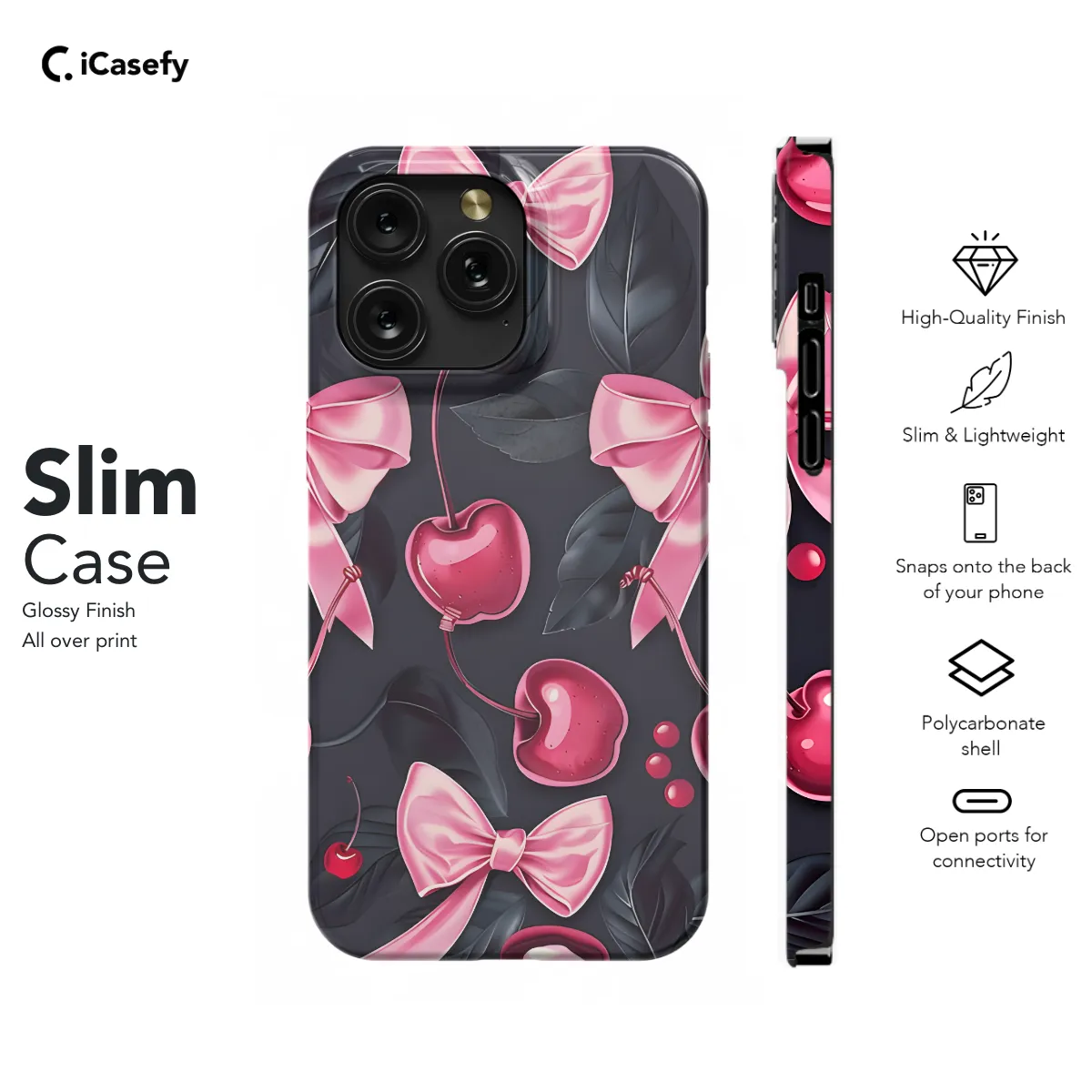 Girly Black Coquette Cherry Pink Bow Ribbons Phone Case iPhone Samsung Cover Pixel 1164