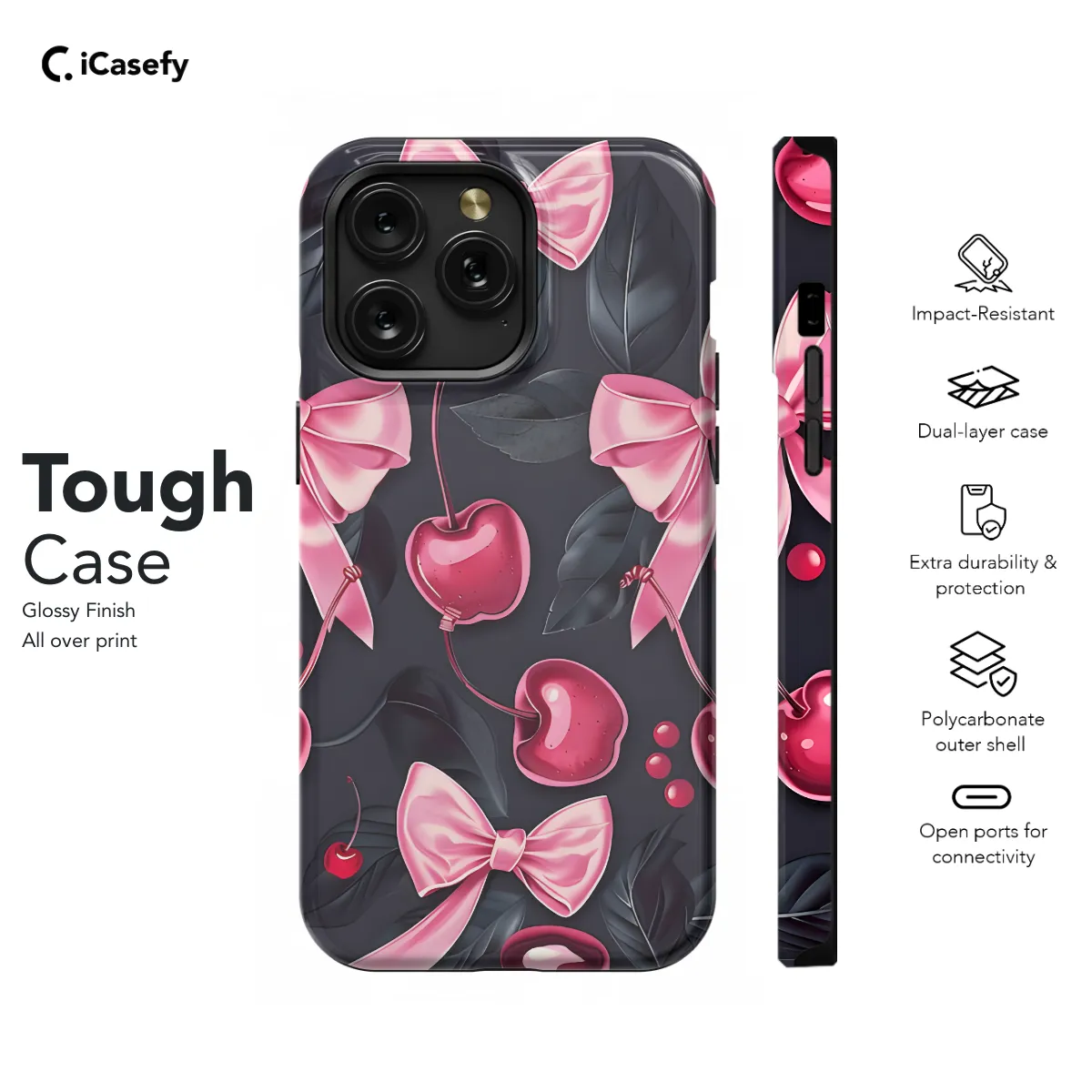 Girly Black Coquette Cherry Pink Bow Ribbons Phone Case iPhone Samsung Cover Pixel 1164