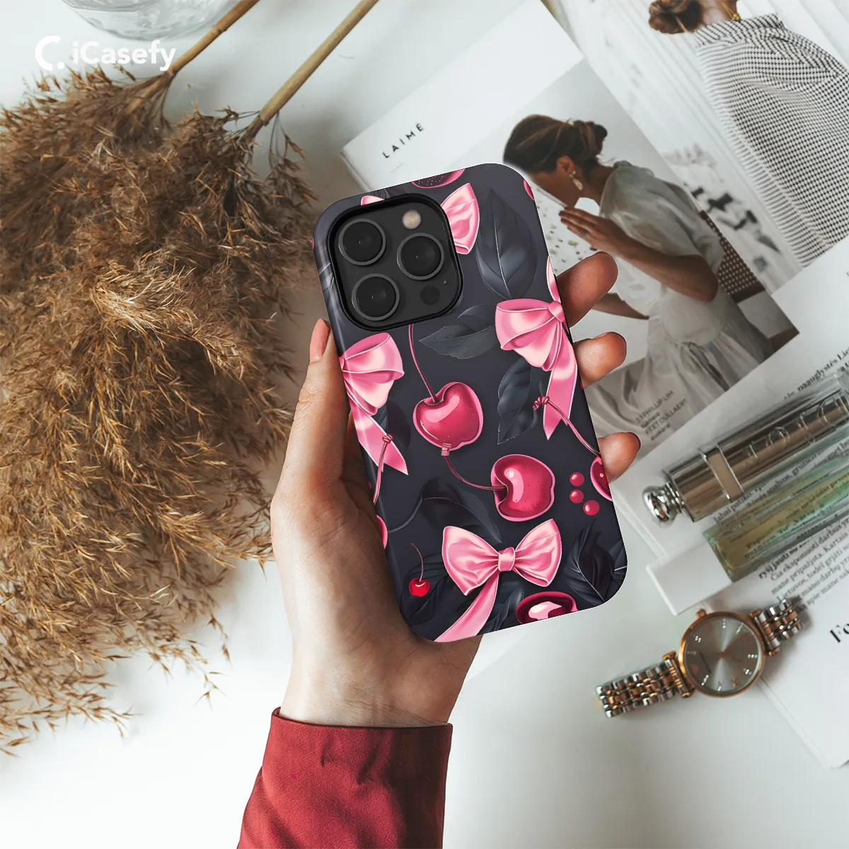 Girly Black Coquette Cherry Pink Bow Ribbons Phone Case iPhone Samsung Cover Pixel 1164