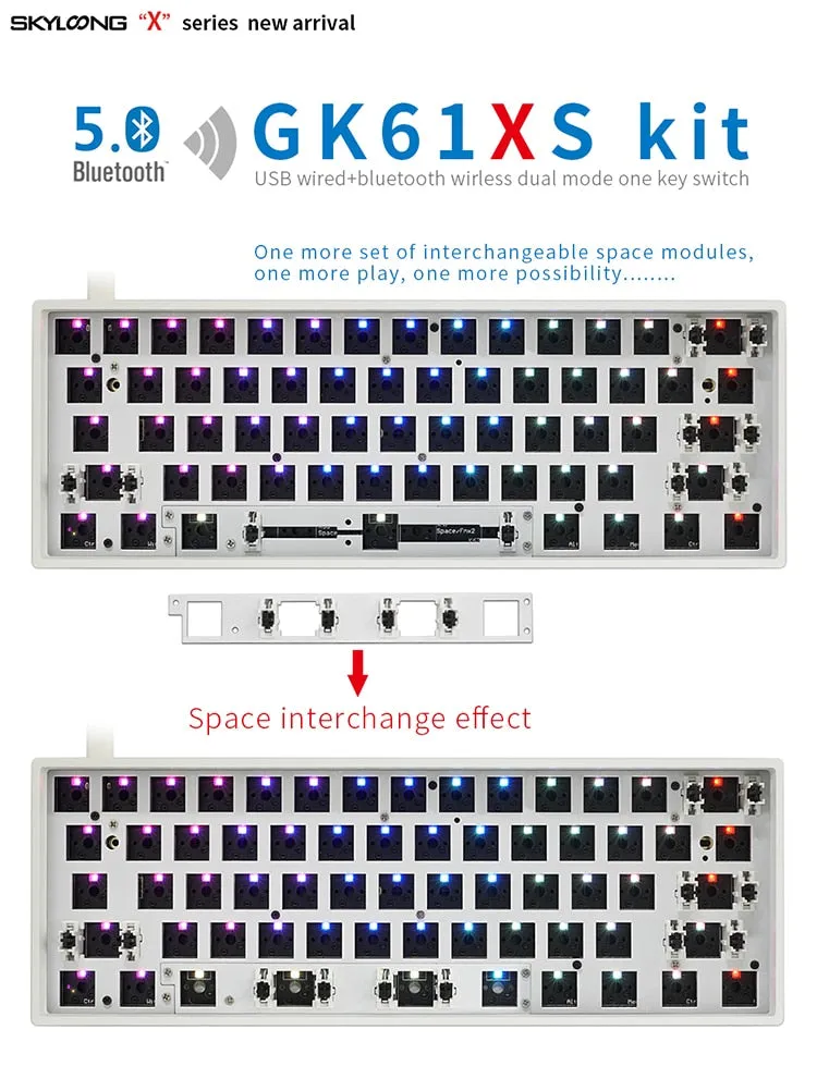 gk61xs dual mode bluetooth 5.0 60% mechanical keyboard rgb switch led hot swap type c pcb case split spacebar