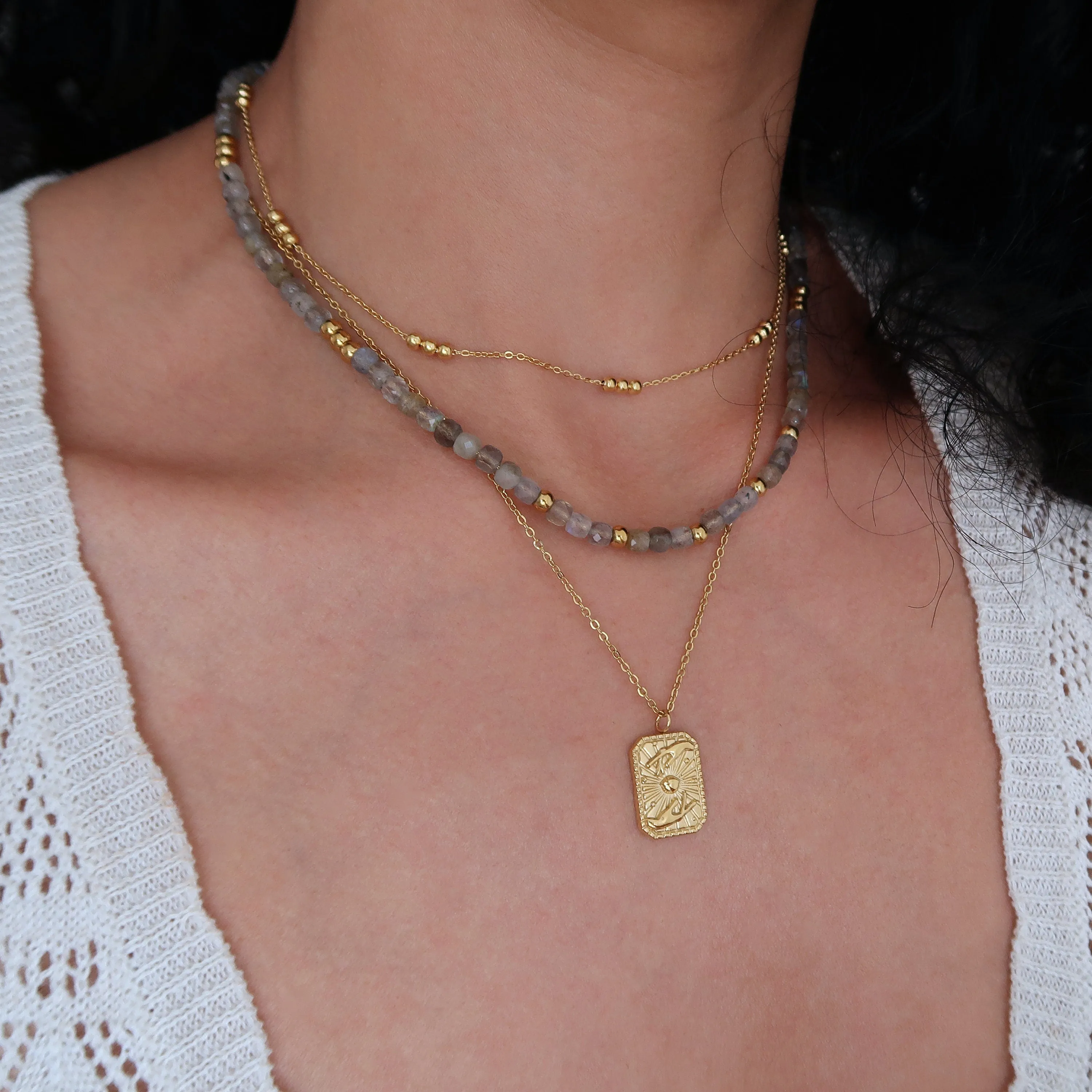 Gold Stainless Steel Necklace Set - 3 Layered Chains with HANDS Pendant and  Labradorite Beads