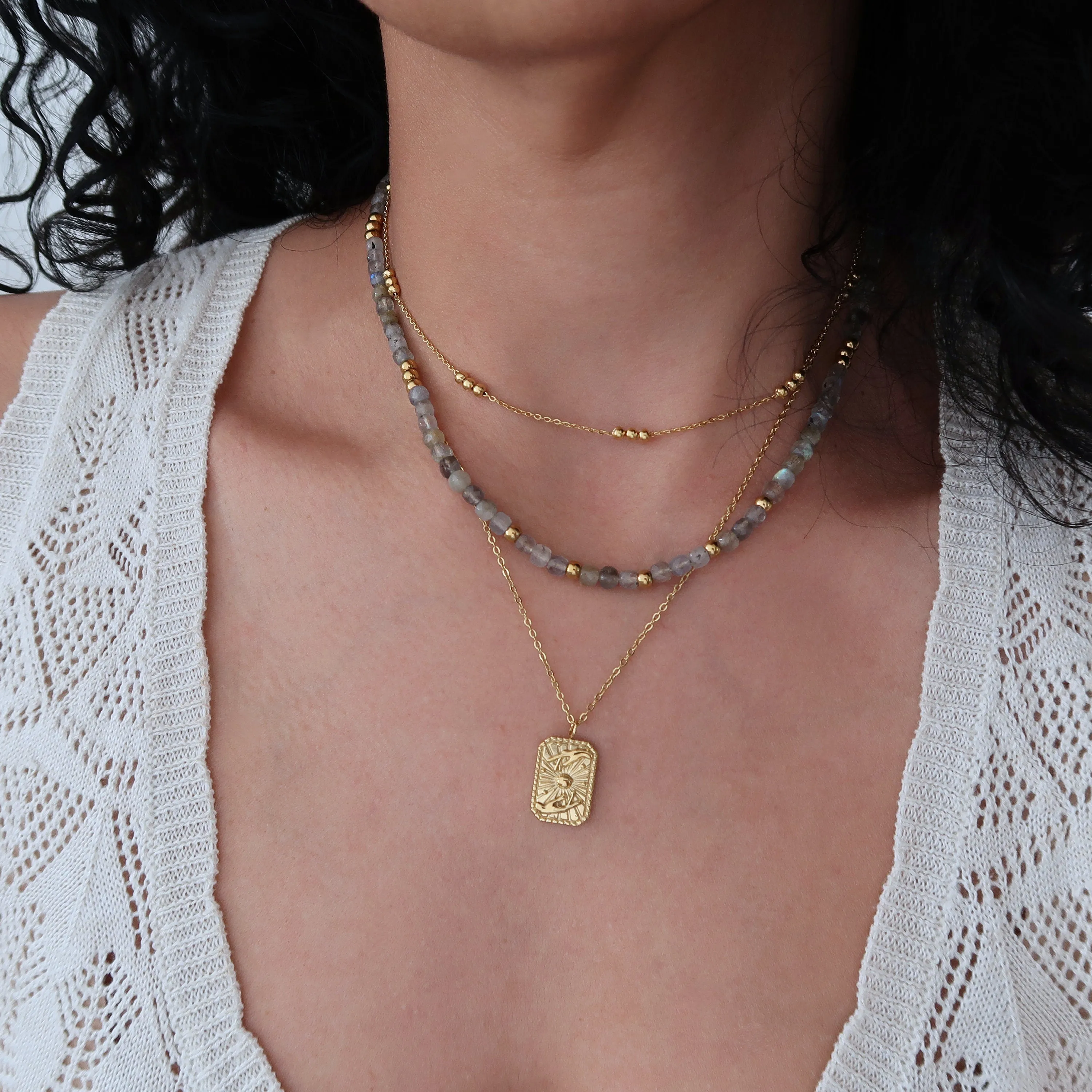 Gold Stainless Steel Necklace Set - 3 Layered Chains with HANDS Pendant and  Labradorite Beads