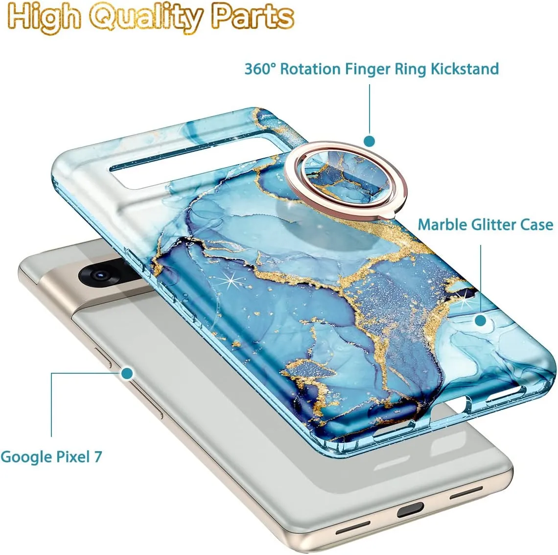 Google Pixel 7 Case, Heavy Duty Rotation Ring Kickstand Magnetic Car Case - Blue Marble