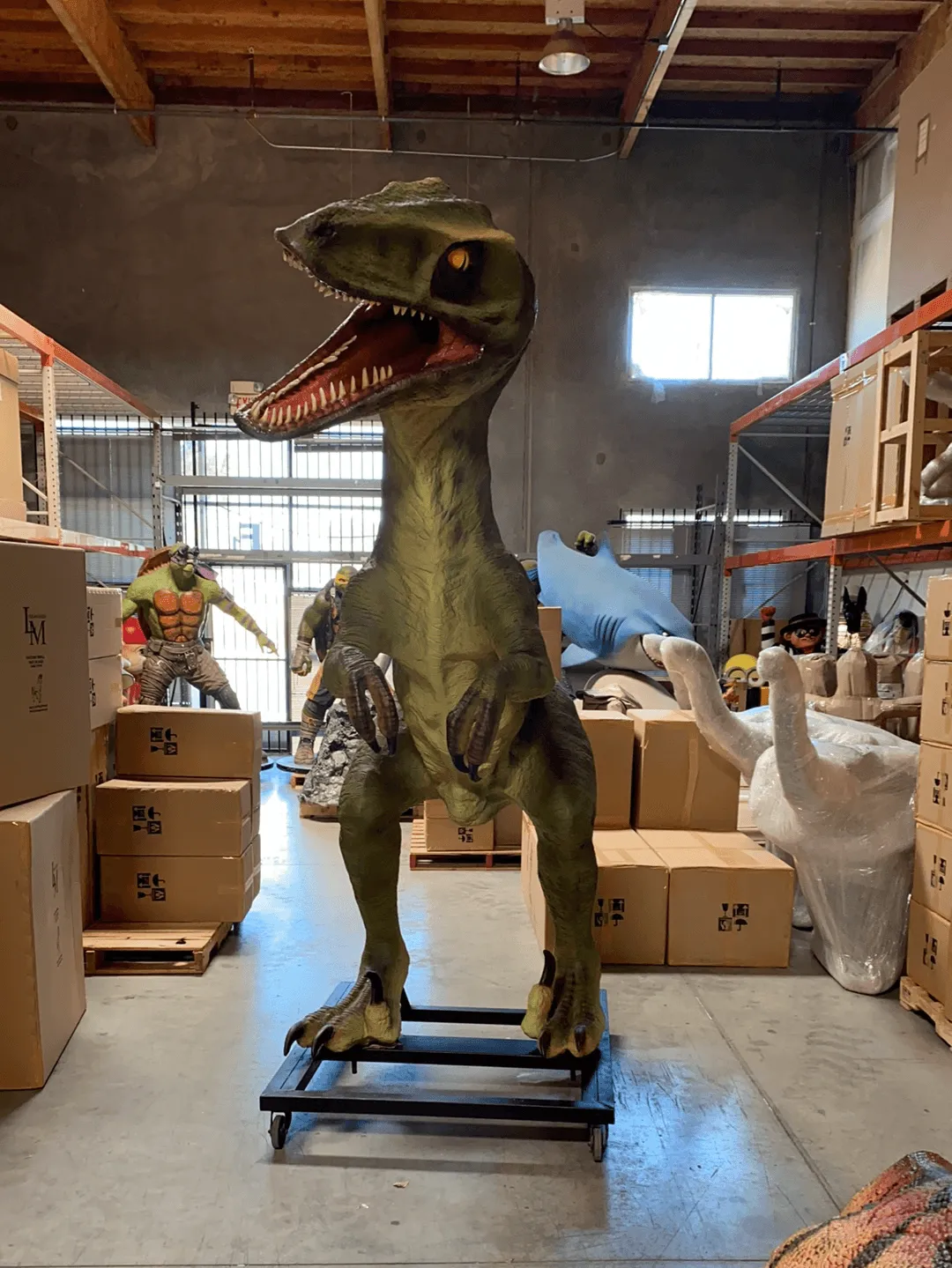 Green T-Rex Raptor Dinosaur On Base Life Size Statue