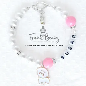 I Love My Bichon Dog Necklace Pearl Dog Collar Jingle Bell Charm