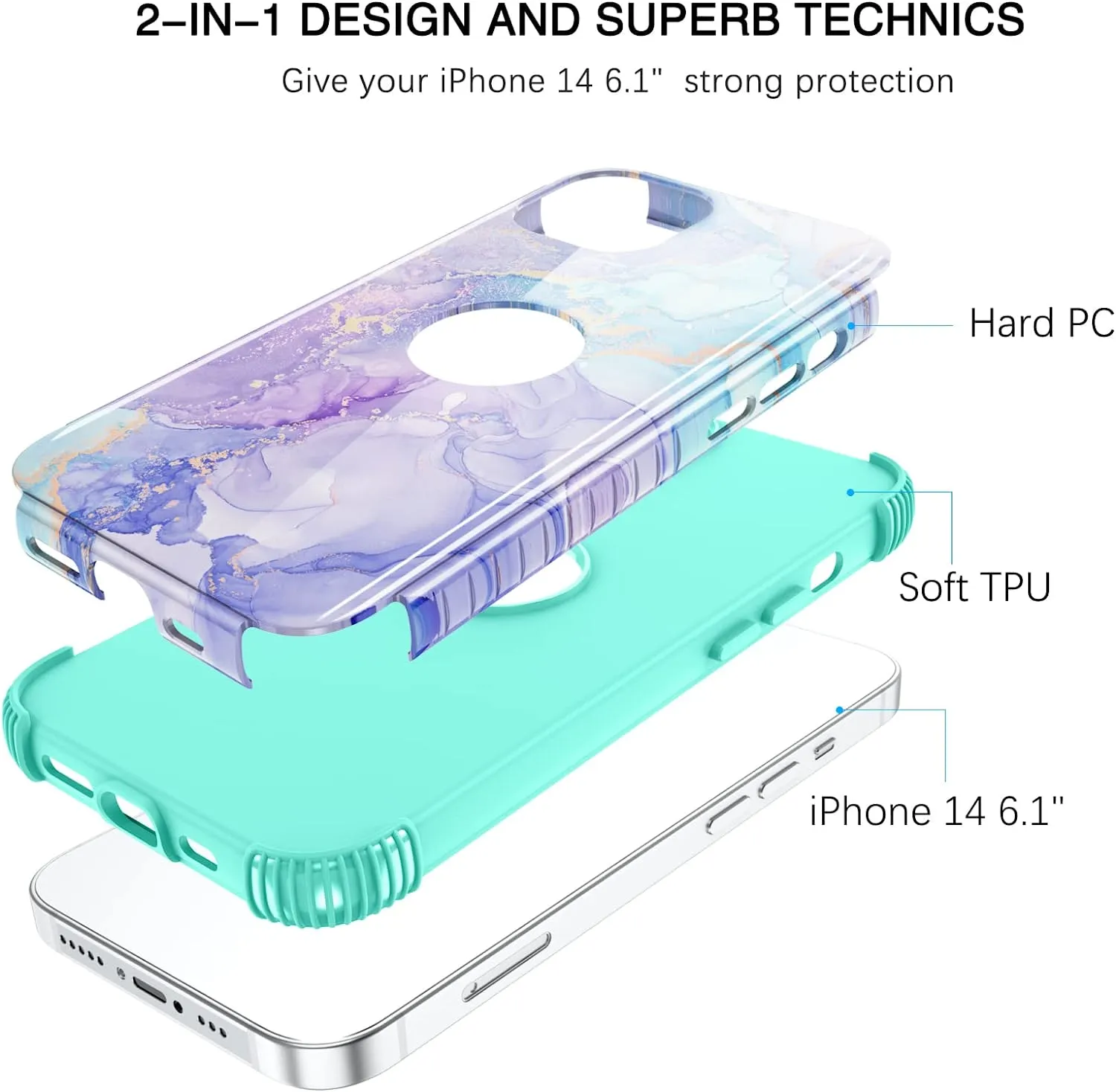 iPhone 14 Case, Marble Pattern 2 in 1 Heavy Duty Boy Men Phone Cover Purple