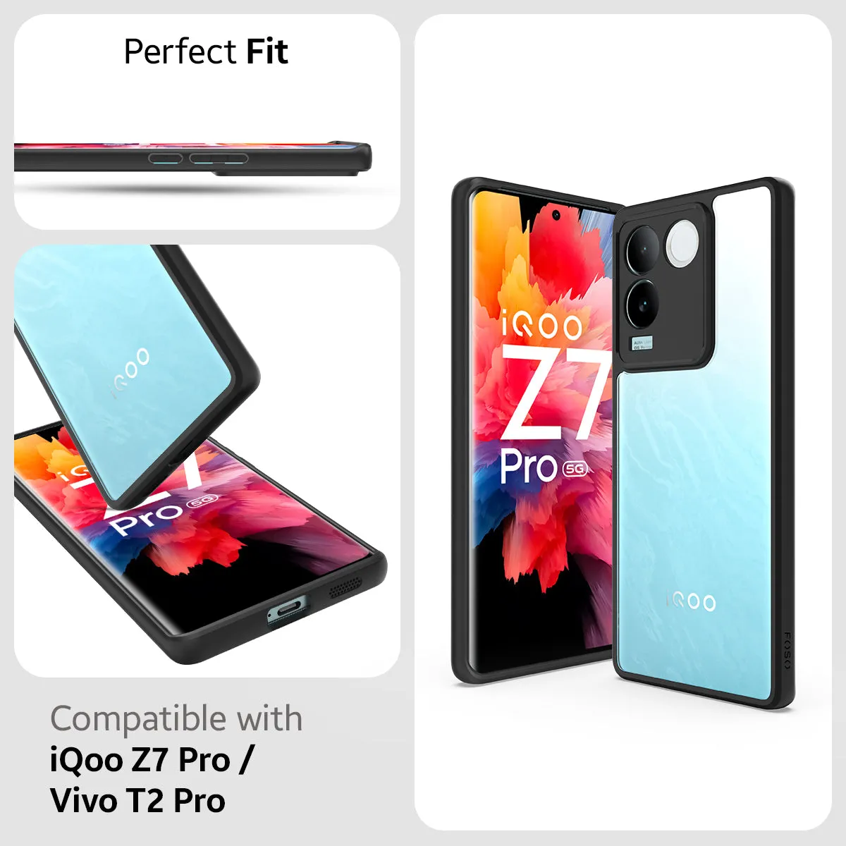 iQOO Z7 Pro/Vivo T2 Pro 5G (FOSO) Royal Shock Proof Back Cover Case | (PC TPU) - Clear