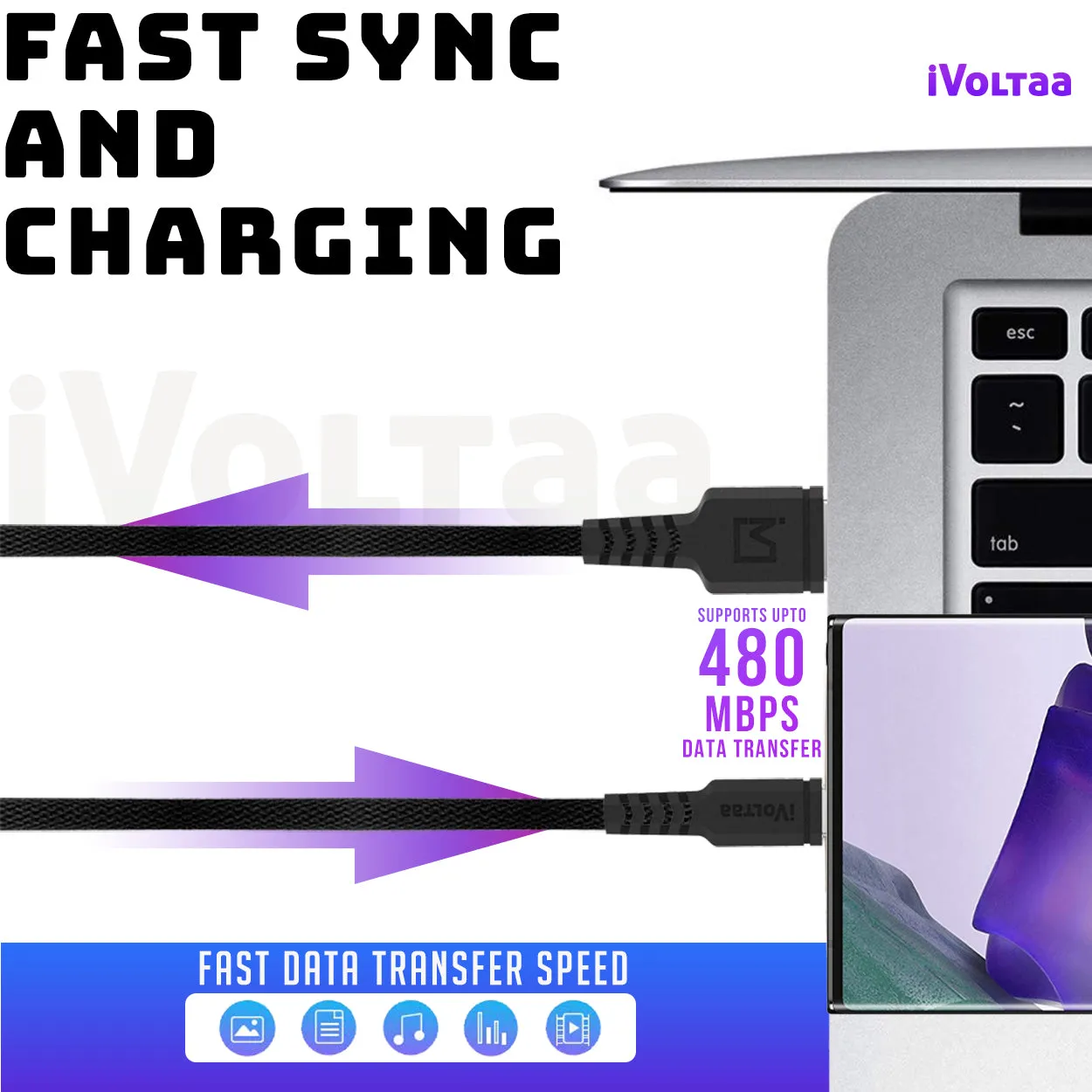 iVoltaa Fishnet Design Sync & Fast Charge Type-C Cable (1 M / 3.3 Ft. Long - Black)…