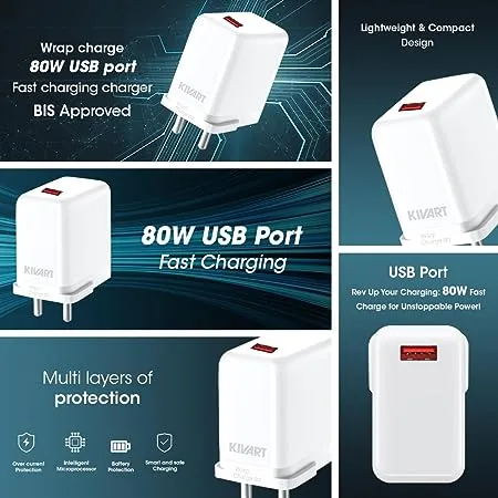 Kivart Hyper Charger | 80W Output | USB to Type C | Fast Charging | In-Built Microprocessor | High Quality Cable Included.