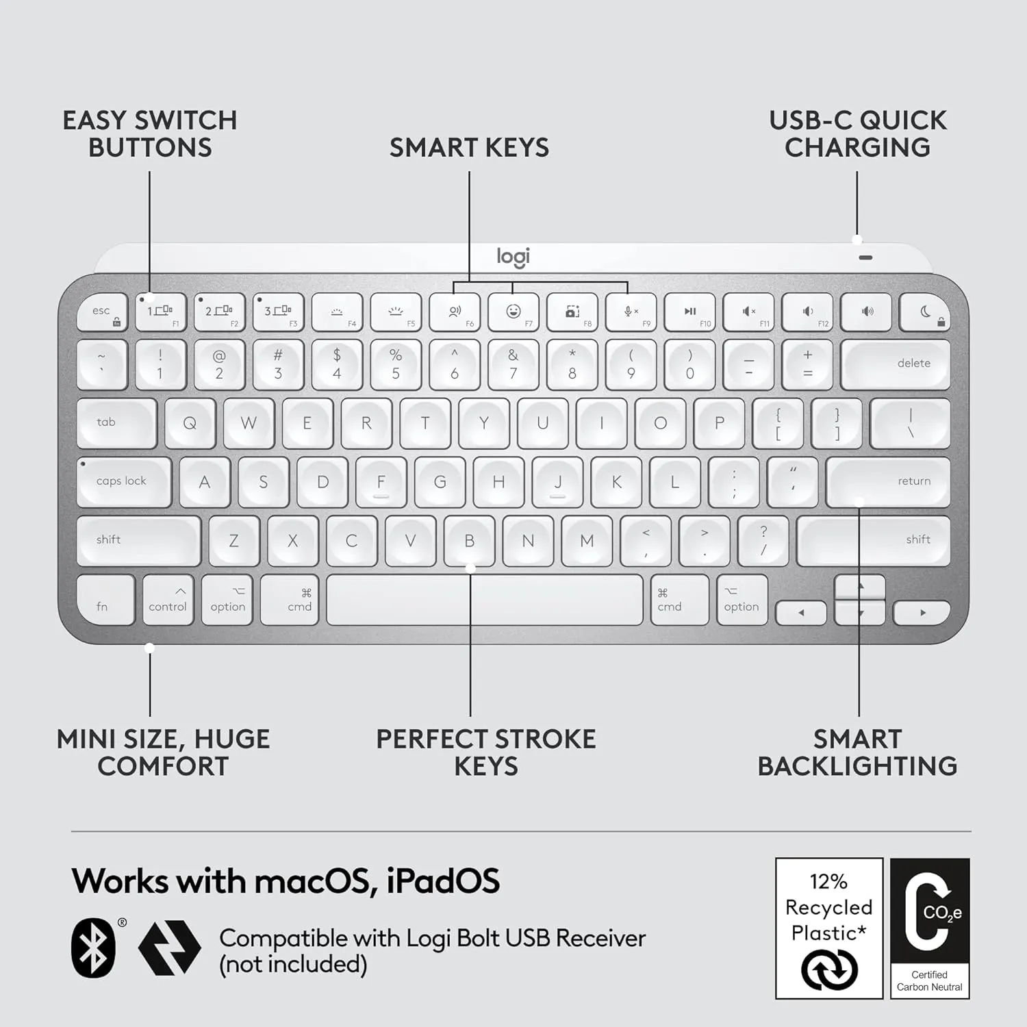 Logitech MX MECHANICAL Mini for Mac Wireless Keyboard (English Version) 精簡炫光高效鍵盤 - Pearl White 珍珠白色 920-010800 原裝行貨