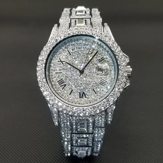 Mens Full Iced Crystal stainlesssteel waterproof Watch womens luxury watch