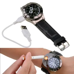 Military USB Lighter Watch Men's Casual Quartz Wristwatches with Windproof Flameless Cigarette Cigar Lighter