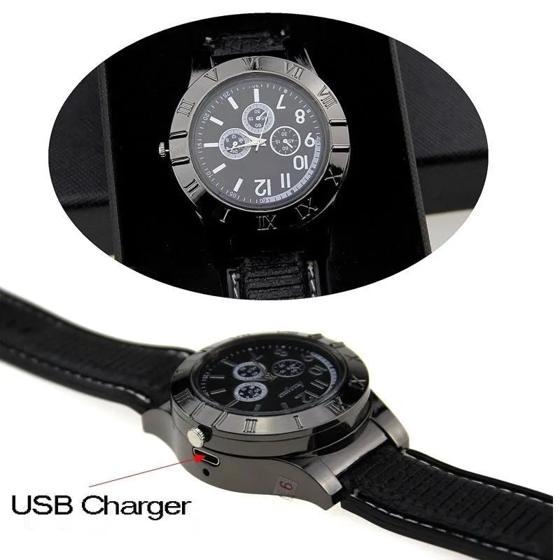 Military USB Lighter Watch Men's Casual Quartz Wristwatches with Windproof Flameless Cigarette Cigar Lighter