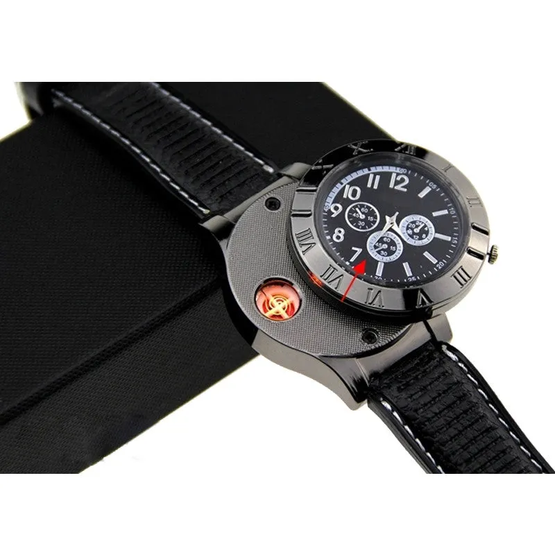 Military USB Lighter Watch Men's Casual Quartz Wristwatches with Windproof Flameless Cigarette Cigar Lighter