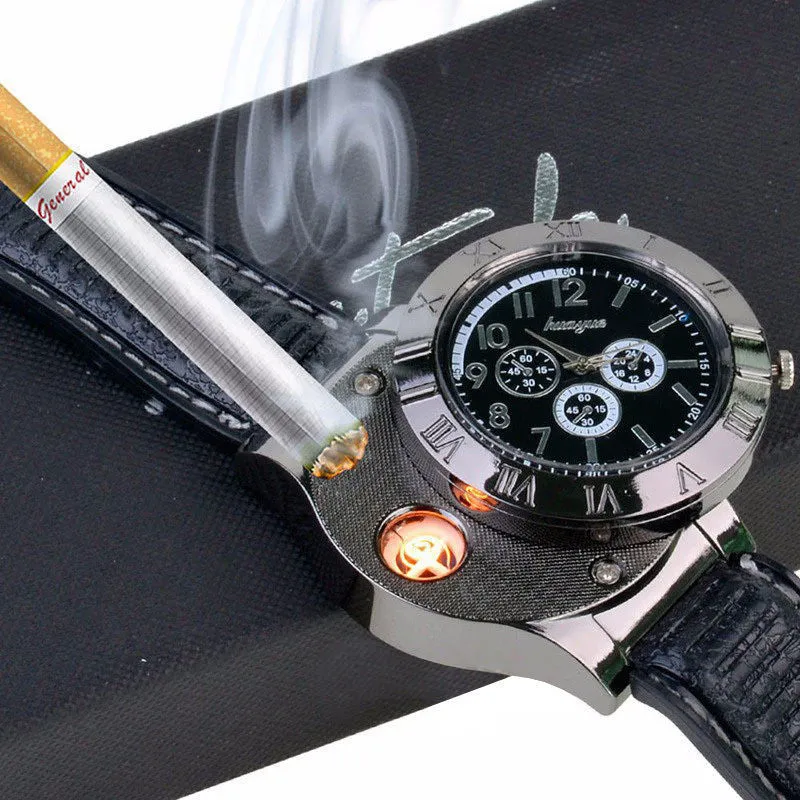 Military USB Lighter Watch Men's Casual Quartz Wristwatches with Windproof Flameless Cigarette Cigar Lighter