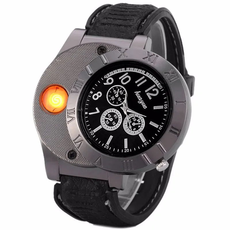 Military USB Lighter Watch Men's Casual Quartz Wristwatches with Windproof Flameless Cigarette Cigar Lighter