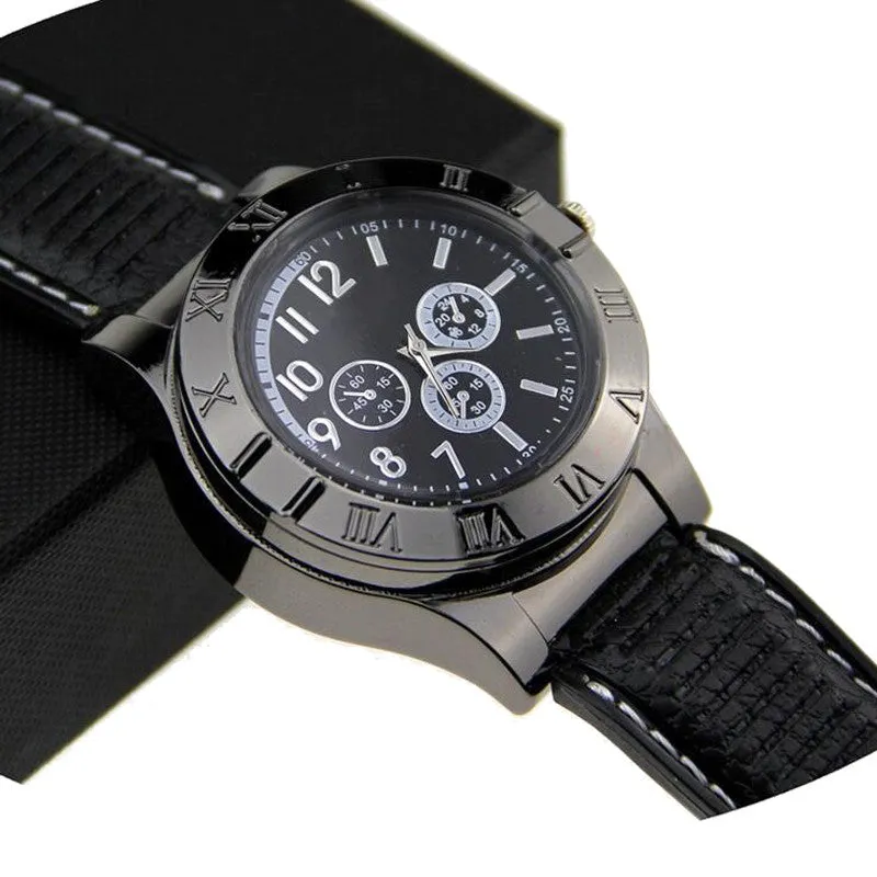 Military USB Lighter Watch Men's Casual Quartz Wristwatches with Windproof Flameless Cigarette Cigar Lighter