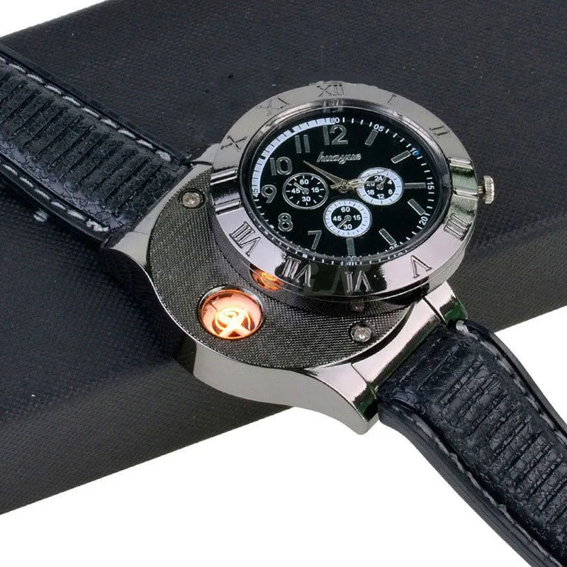 Military USB Lighter Watch Men's Casual Quartz Wristwatches with Windproof Flameless Cigarette Cigar Lighter