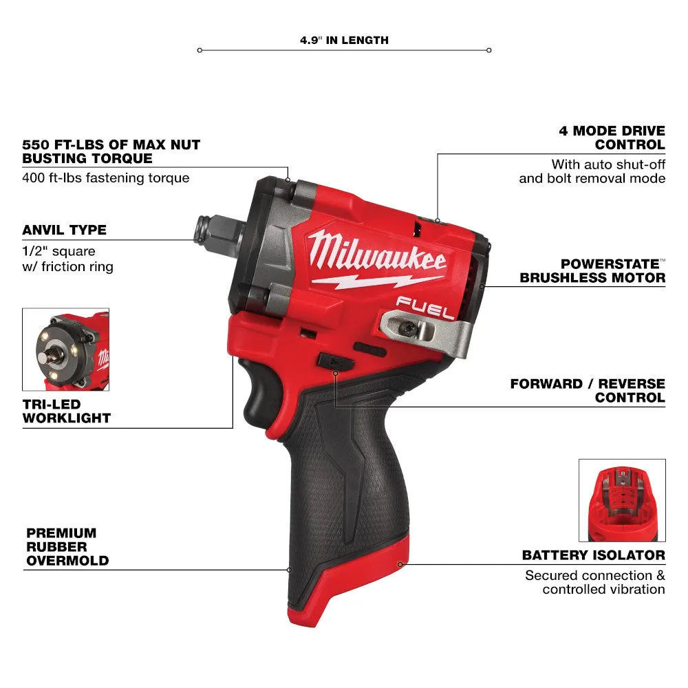 Milwaukee 2563-20x2BSK M12 FUEL 12V Stubby 1/2" Impact Wrench w/ Starter Kit