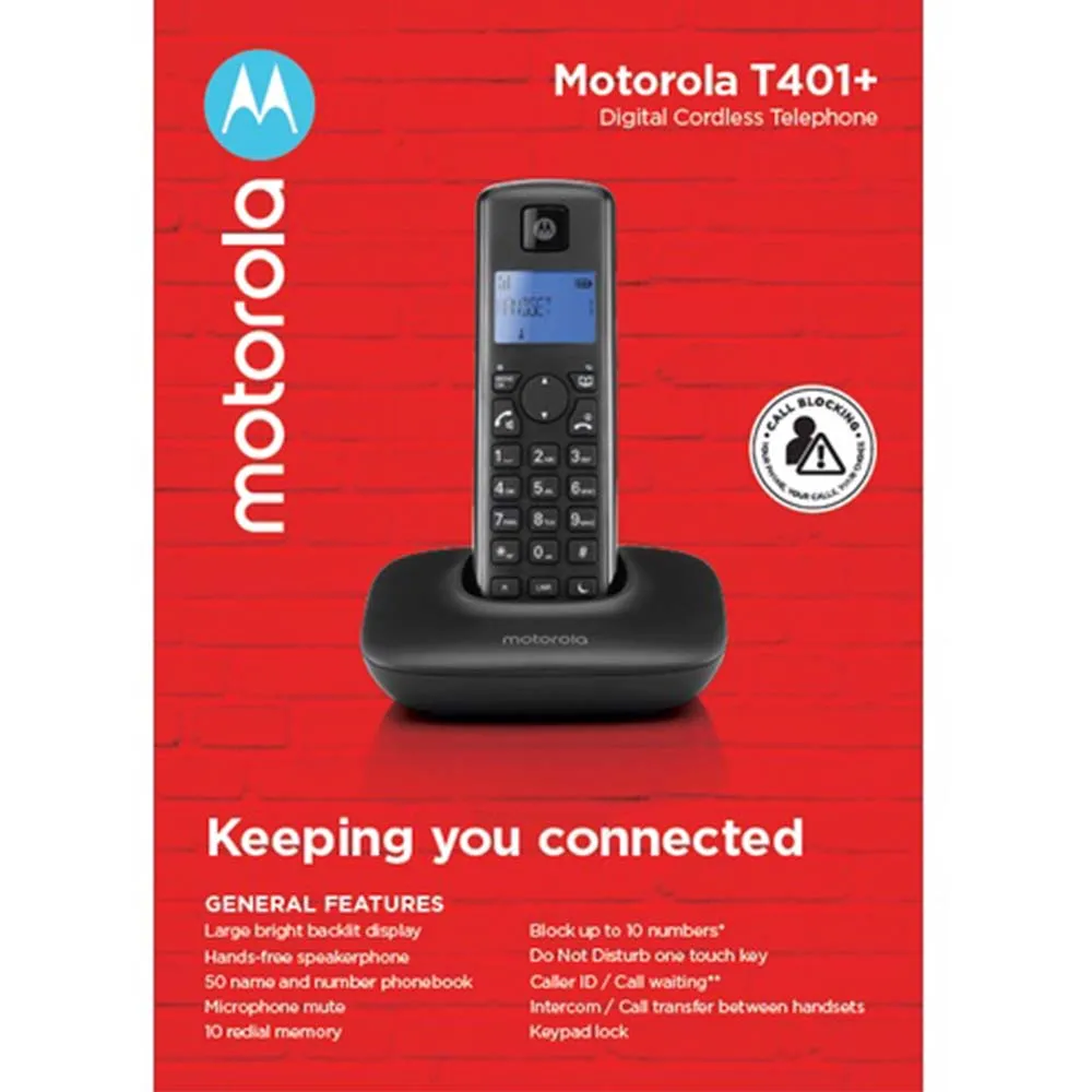 Motorola Cordless T401 Plus Single Home Phone / Office Phone / DECT Phone / House Phone / Telephone | T401  Wireless Phone