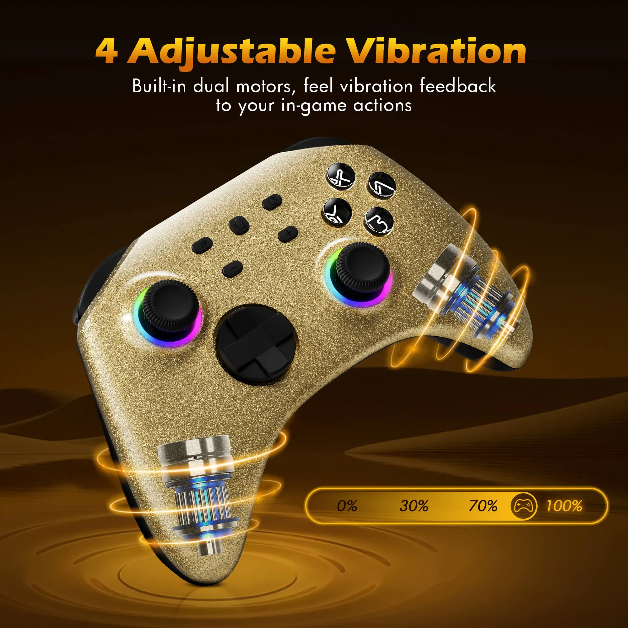 Mytrix Gold Glitter Wireless Pro RGB Controller with Programmable Back Buttons and Turbo, for Nintendo Switch, PC, Android & iOS