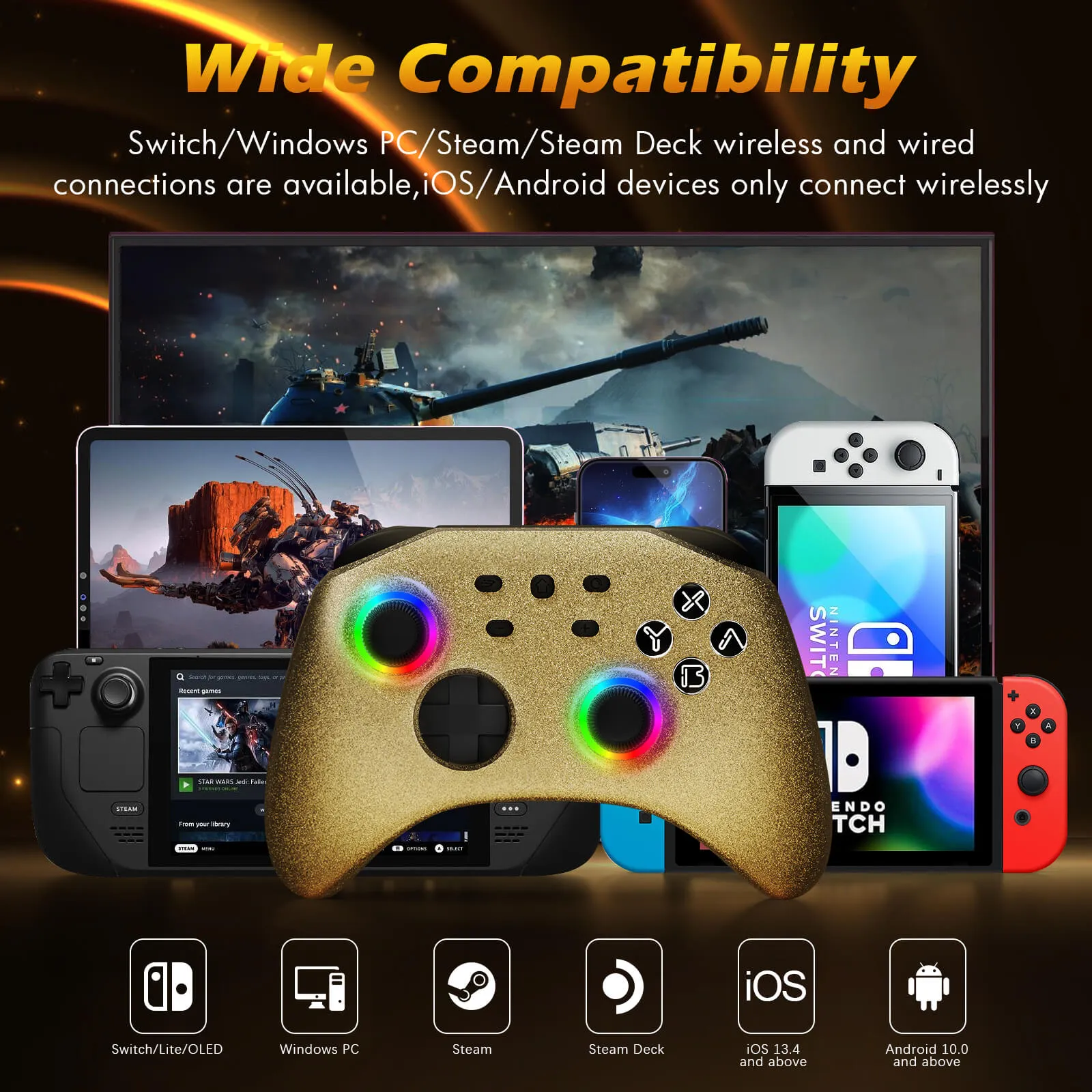 Mytrix Gold Glitter Wireless Pro RGB Controller with Programmable Back Buttons and Turbo, for Nintendo Switch, PC, Android & iOS