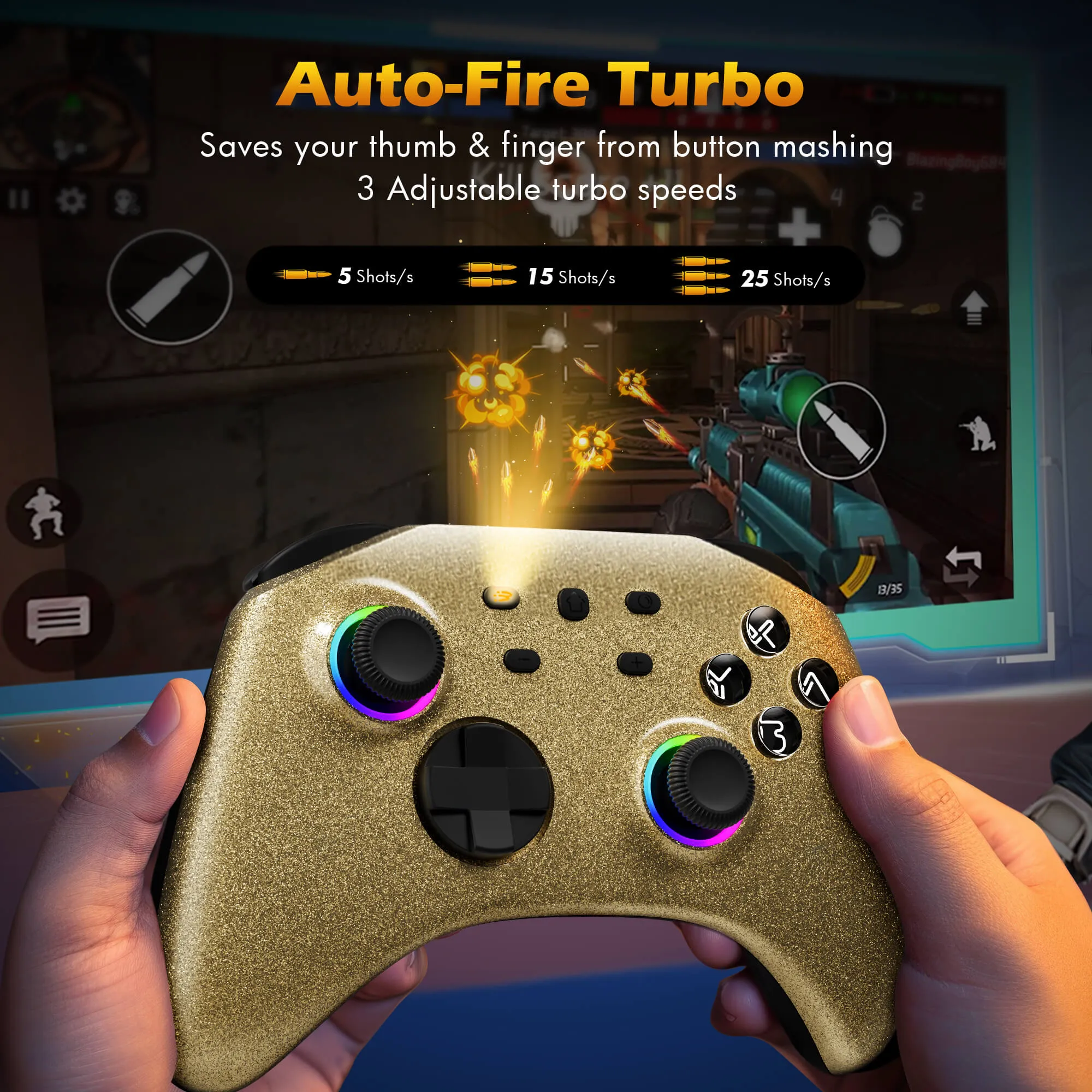 Mytrix Gold Glitter Wireless Pro RGB Controller with Programmable Back Buttons and Turbo, for Nintendo Switch, PC, Android & iOS