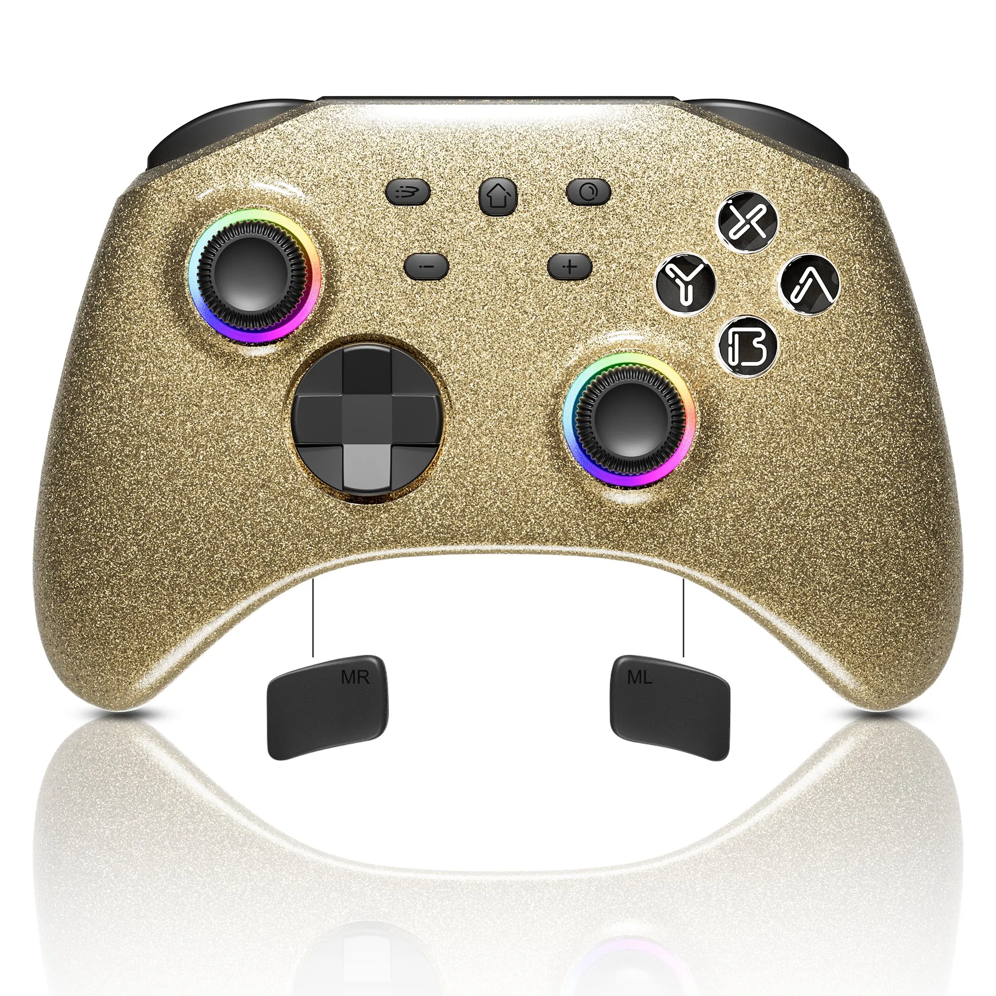 Mytrix Gold Glitter Wireless Pro RGB Controller with Programmable Back Buttons and Turbo, for Nintendo Switch, PC, Android & iOS