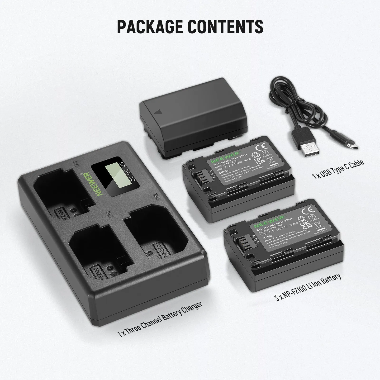 NEEWER 3 Pack NP-FZ100 Sony Replacement Battery and Charger Set