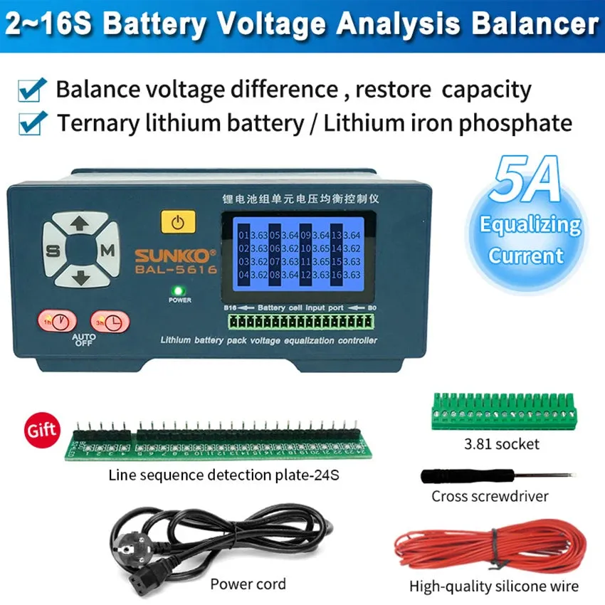 New SUNKKO 5616 Battery Balance Controller Lithium Battery Pack Capacity Repair 5A Current New Energy Vehicle Battery Balancer