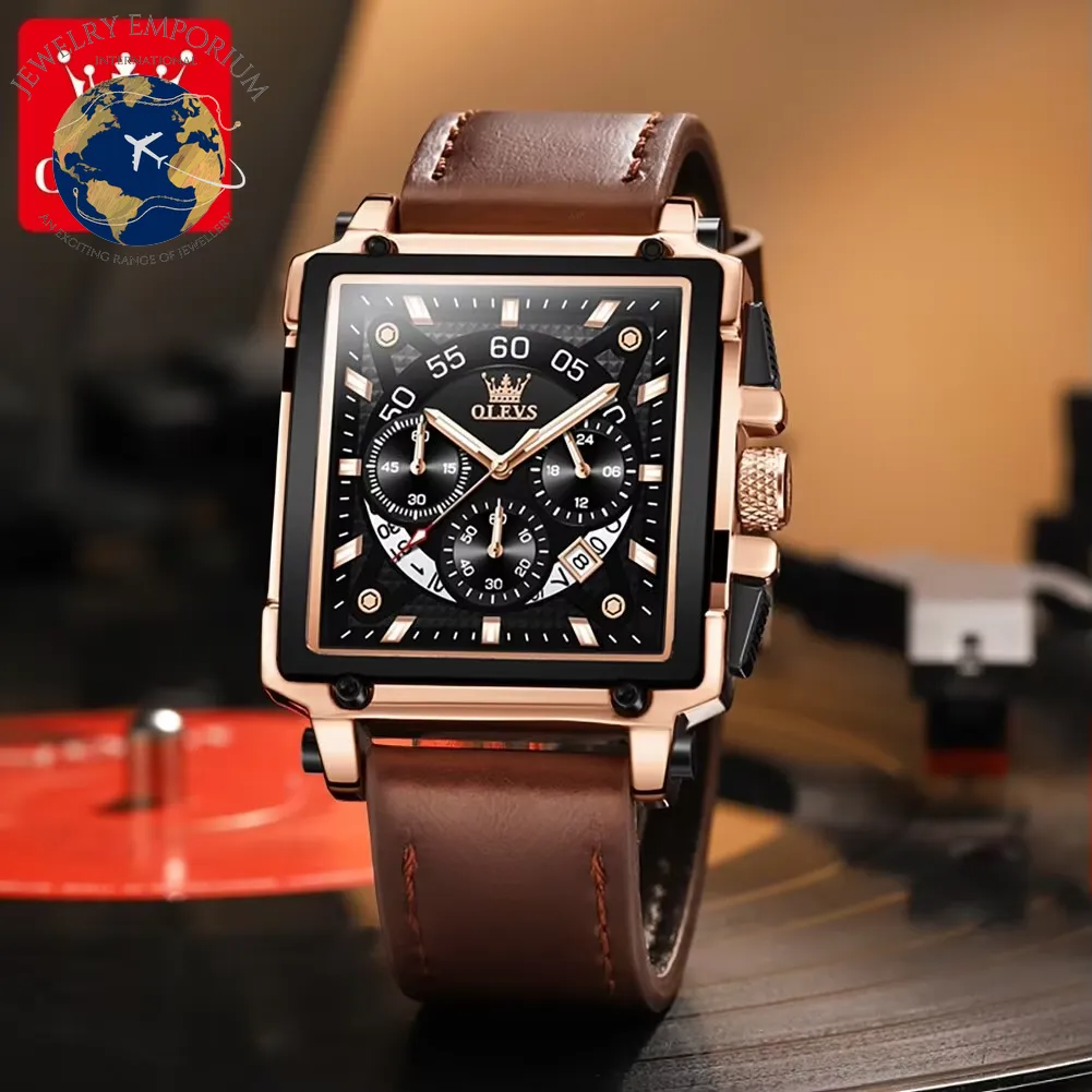 OLEVS Luxury Men's Waterproof Square Quartz Watch with Leather Strap - Sport Style Timepiece