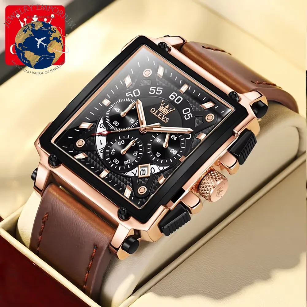 OLEVS Luxury Men's Waterproof Square Quartz Watch with Leather Strap - Sport Style Timepiece