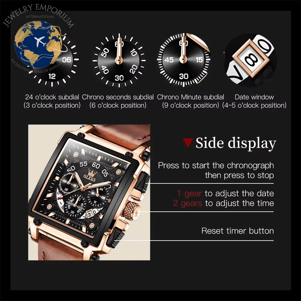 OLEVS Luxury Men's Waterproof Square Quartz Watch with Leather Strap - Sport Style Timepiece