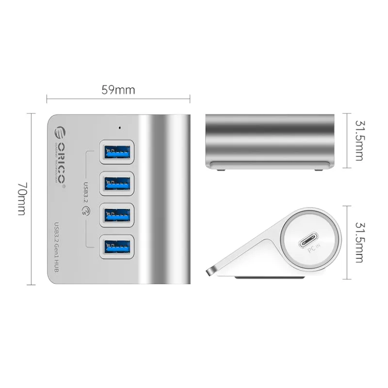 Orico Aluminum Alloy 4 Port Usb Hub | 4X Usb 3.2 Type-A | Type-C To Type-C   Usb-A Adapter