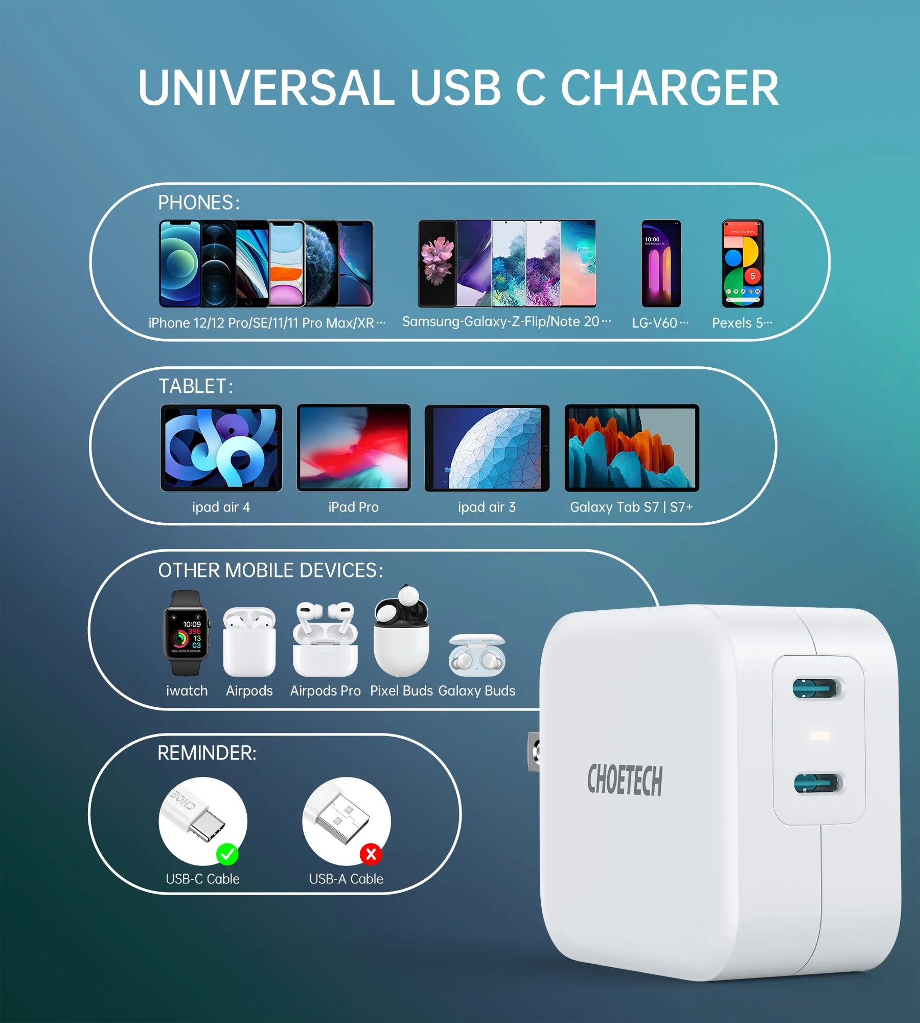 PD6009 Choetech 40W Dual USB-C Wall Charger With Foldable Plug