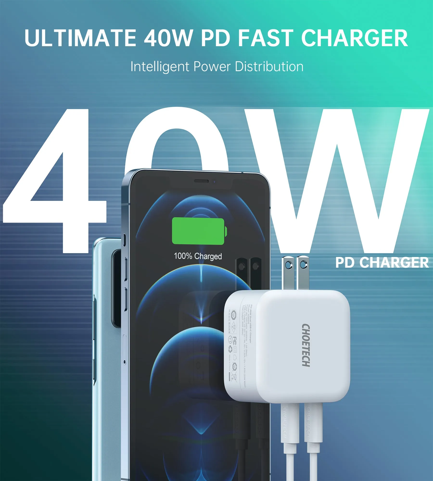 PD6009 Choetech 40W Dual USB-C Wall Charger With Foldable Plug