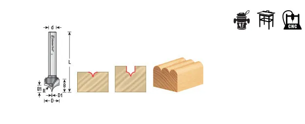 Point Cutting Round Over Router Bit | 3⁄16 Radius x 3⁄8 Dia x 19⁄64 x 1⁄4 Shank | 56126 | 738685561263