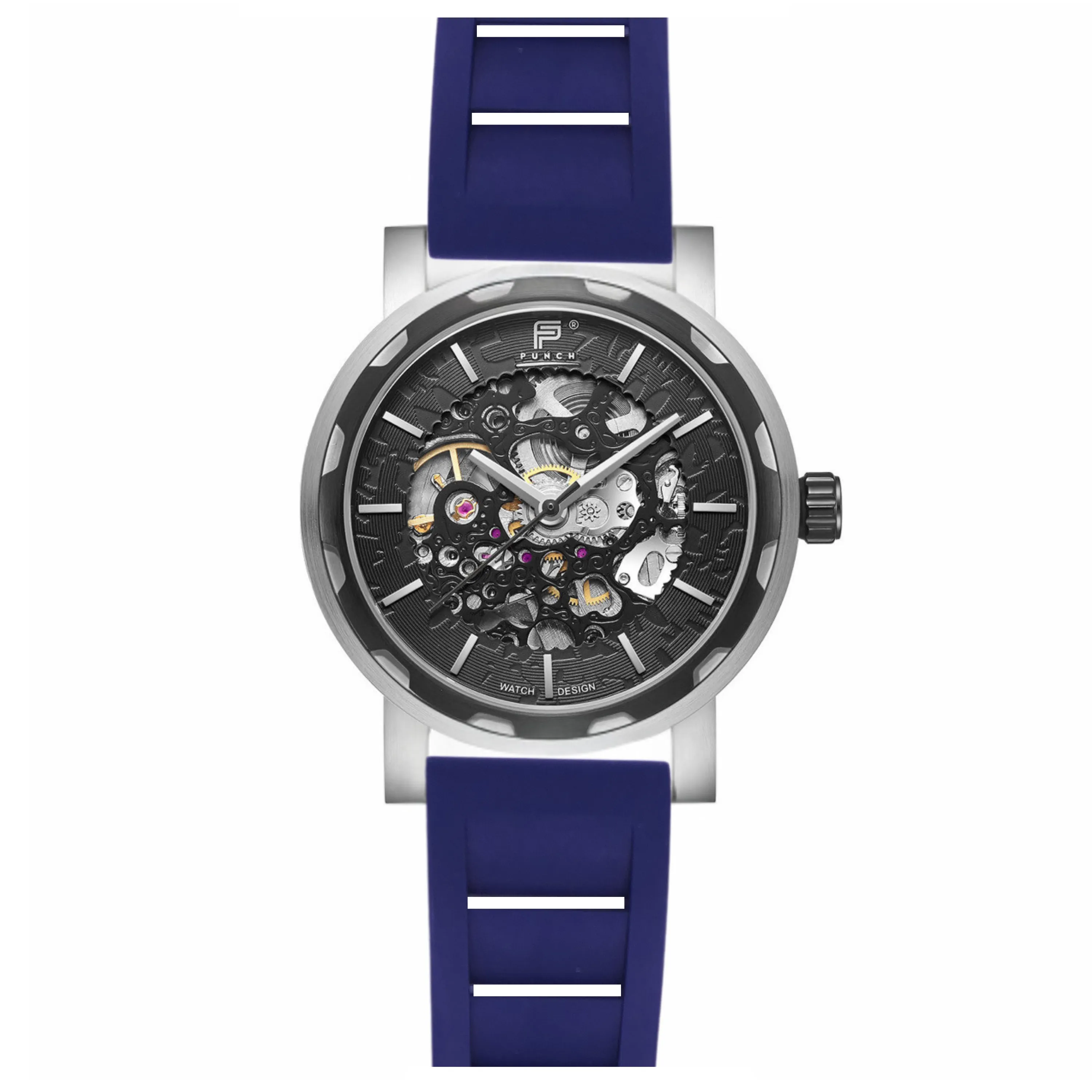 PUNCH Mens Watch, Black & Silver Skeleton Automatic Watch - Navy Rubber Strap