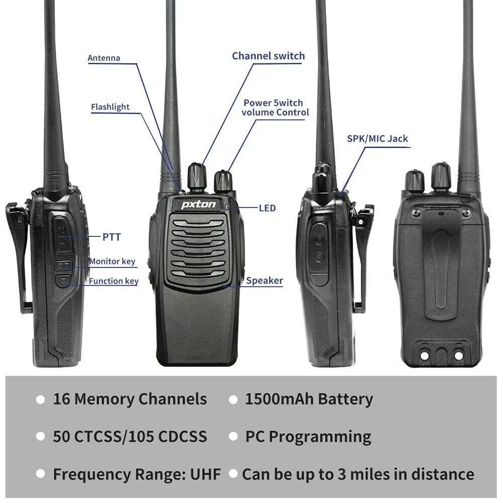 Pxton S1 Walkie Talkies for Adults Long Range,5W UHF Handheld Rechargerble Two Way Radio with Flashlight and Charger Dock 2 PCs