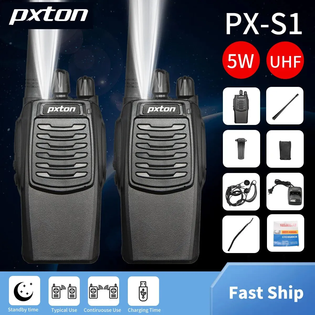 Pxton S1 Walkie Talkies for Adults Long Range,5W UHF Handheld Rechargerble Two Way Radio with Flashlight and Charger Dock 2 PCs