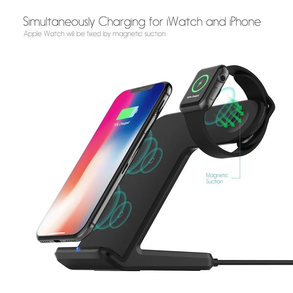 Qi Wireless Desk Charger 2-In-1 Fast Charging Dock For Samsung iPhone Apple Watch