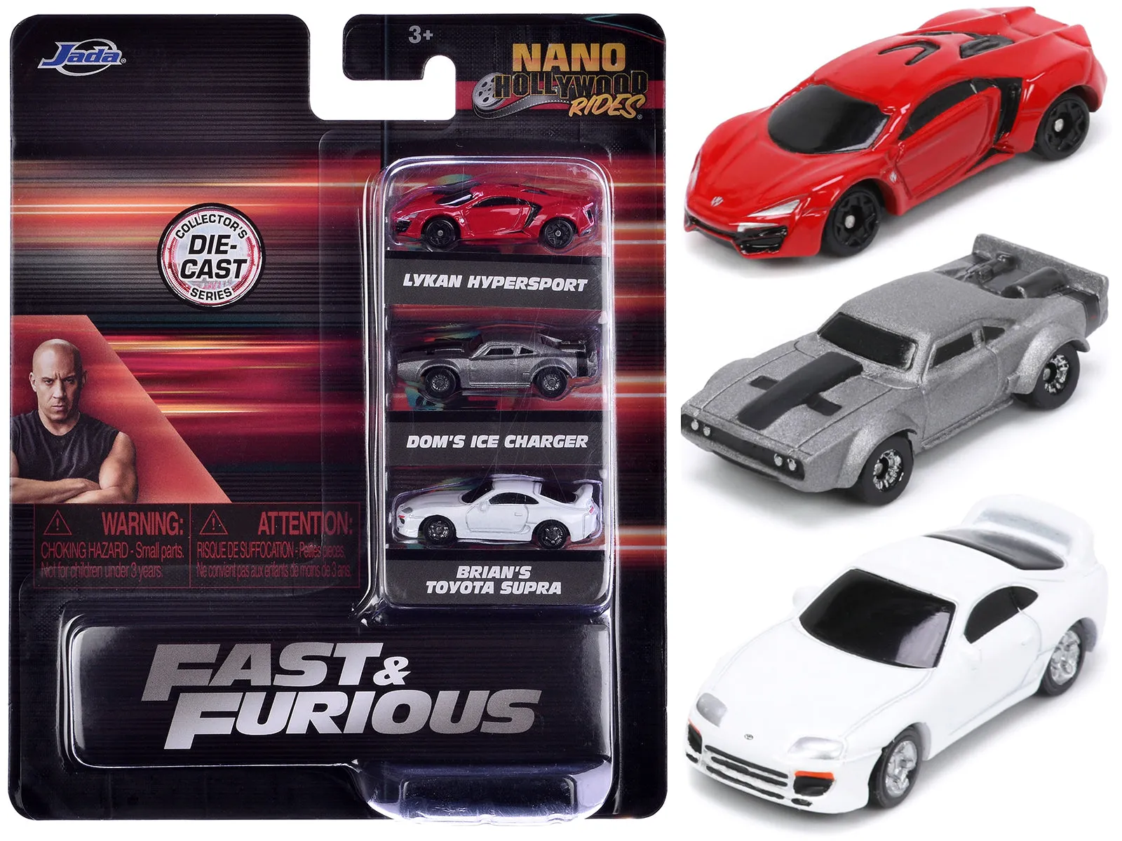 "Fast & Furious" Movie 3 piece Set Series 4 "Nano Hollywood Rides" Series Diecast Model Cars by Jada