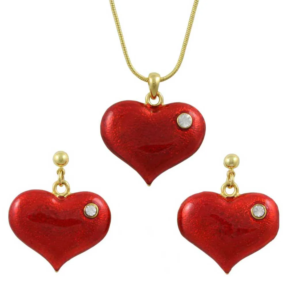 Red Enamel and Crystal Heart Necklace and Earring Set - PT330BS