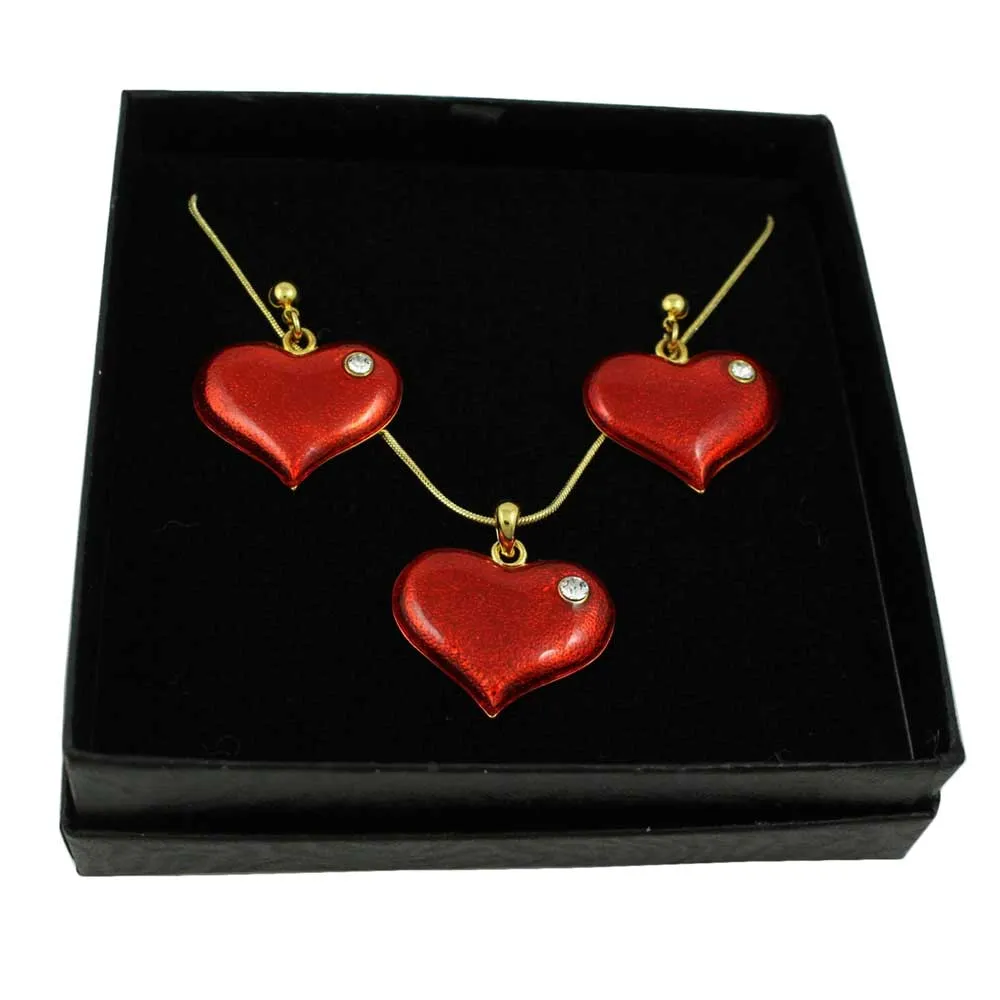 Red Enamel and Crystal Heart Necklace and Earring Set - PT330BS