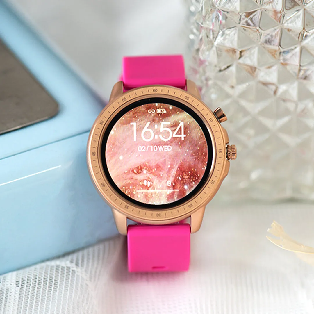 Rose gold coloured OOZOO smartwatch with raspberry pink rubber strap - Q00325