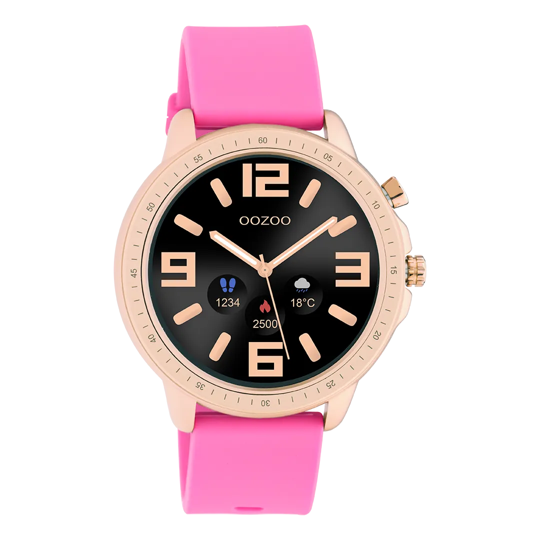 Rose gold coloured OOZOO smartwatch with raspberry pink rubber strap - Q00325